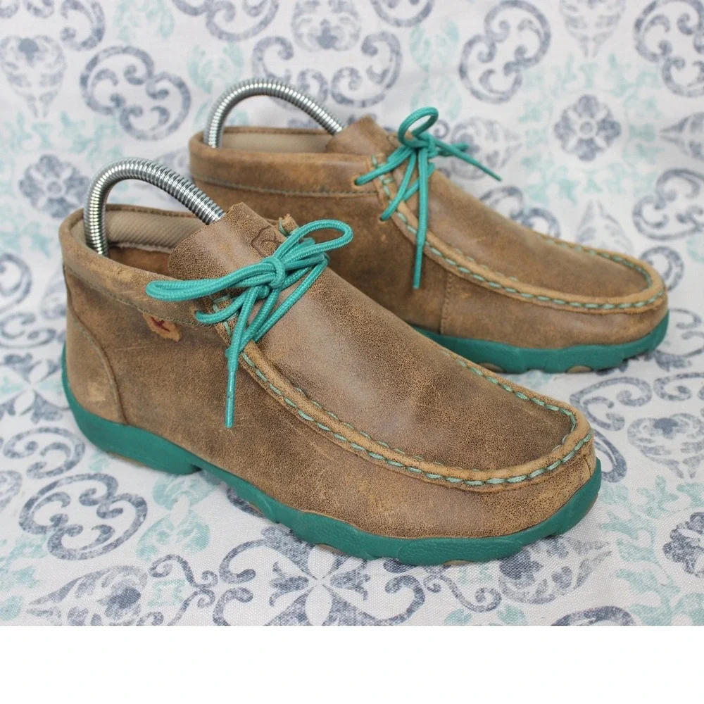 Twisted X‎ Kids YDM0017 Brown Leather Turquoise Lace Up Moccasin Boots Size 3M